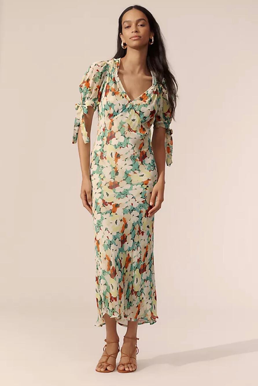 Anthropologie Green Watercolor Multi Floral Midi Slip Dress Small NEW